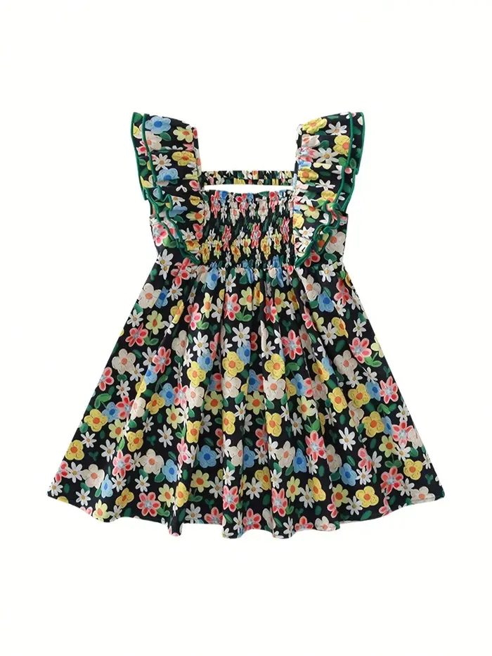 Robe trapèze mi-longue pour filles avec manches à volants – Style estival frais pour les fêtes et le quotidien