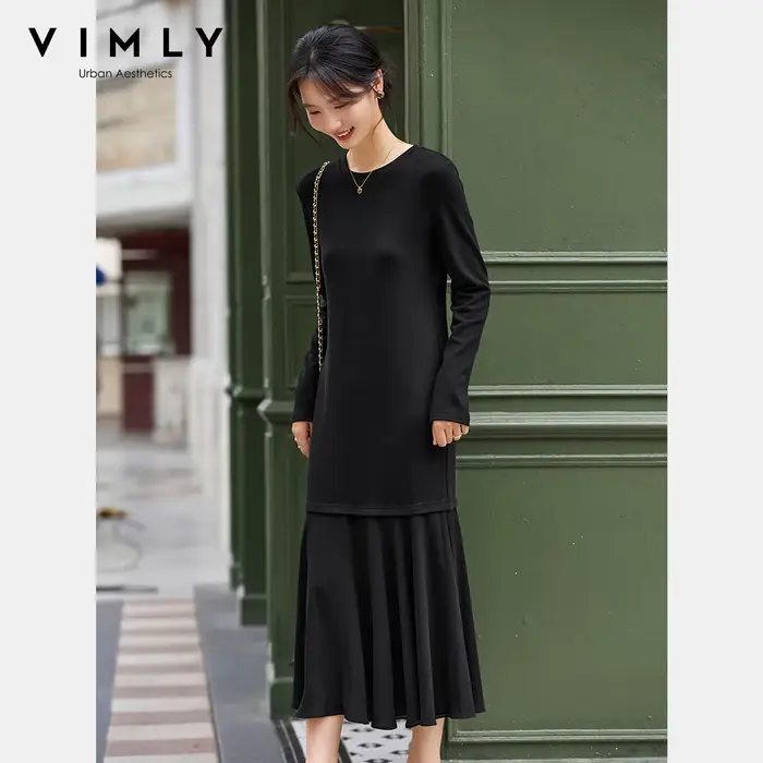 Robe longue VIMLY pour femme, collection automne 2026, décontractée, noire, à empiècements, coupe trapèze, élégante, à manches longues, pour occasions spéciales et vie quotidienne