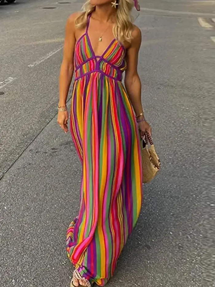 Robe longue style bohémien dos nu ajourée col en V sans manches taille haute été plage rayures colorées pour femme occasions spéciales