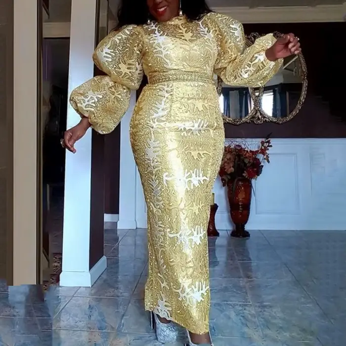 Robe à paillettes brodées dorées pour femmes, col montant, manches longues bouffantes, robe mi-longu