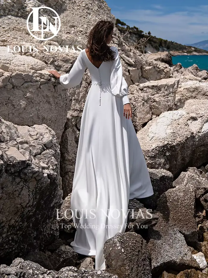 LOUIS NOVIAS robes De mariée en Satin pour femmes lanterne manches col en v Court Train a-ligne robe