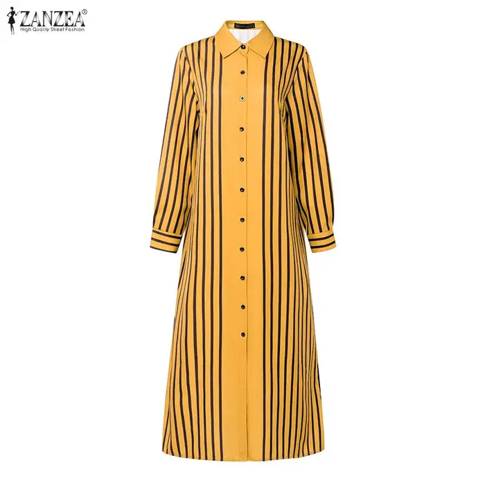 Robe longue ZANZEA à col rabattu pour femmes, rayures contrastées, manches longues, boutonnée, printemps été, polyester élasthanne, occasions spéciales ```