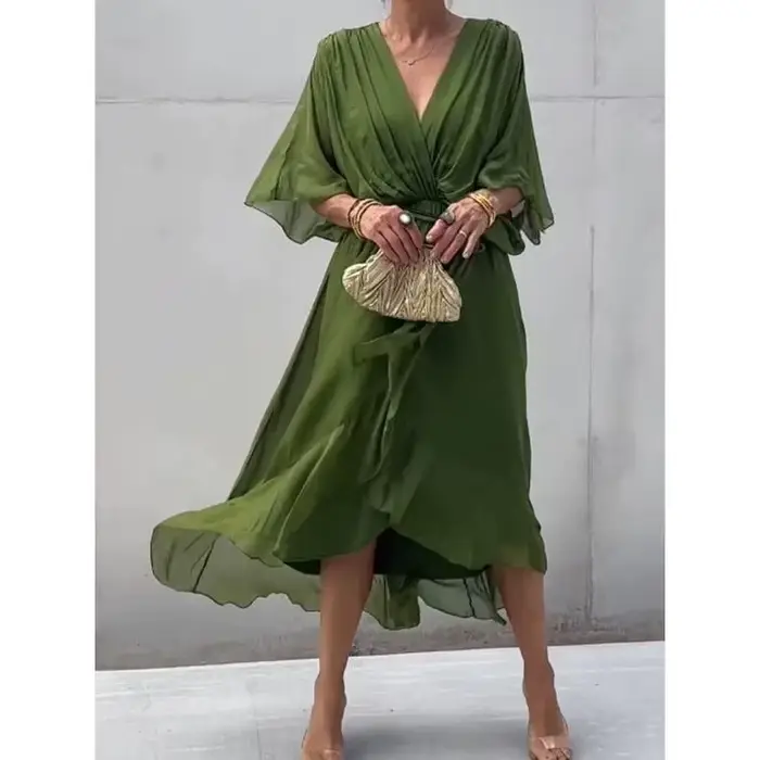 Robe en mousseline de soie asymétrique avec col en V et manches chauve-souris pour femmes, élégante et à la mode pour printemps et été