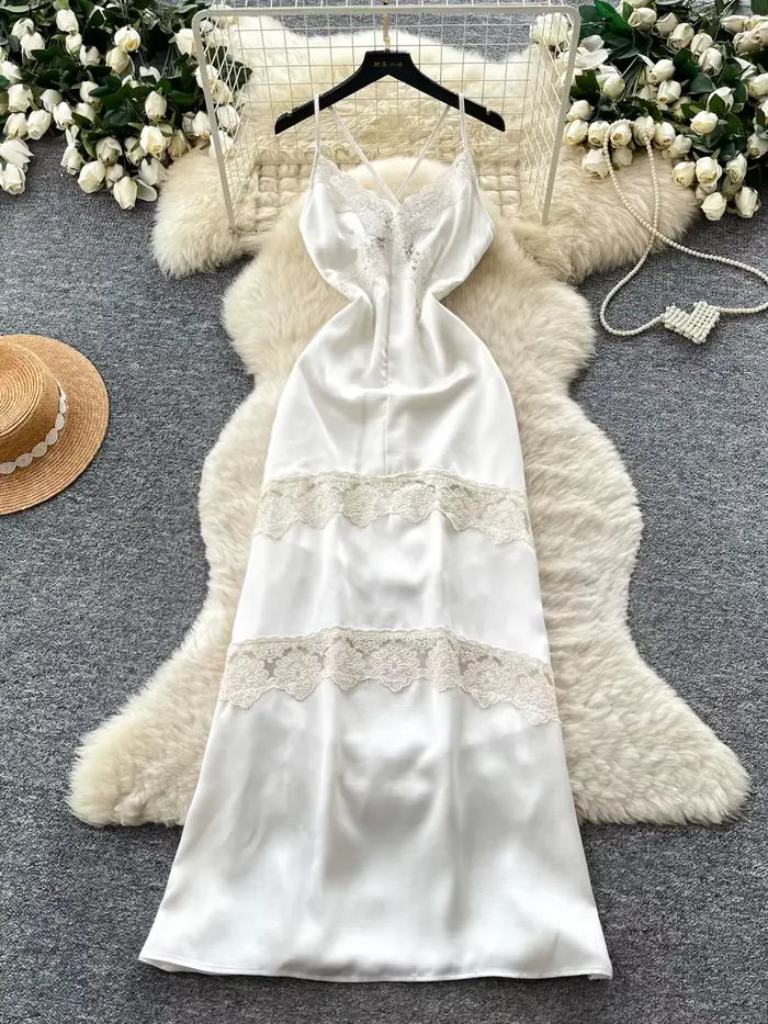Robe longue trapèze élégante pour femme, style vacances à la française, en dentelle blanche patchwor