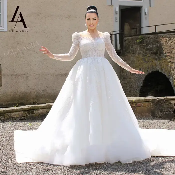 LelaAcra – robe de mariée trapèze à manches longues, avec des Appliques de perles, dos nu, robe de m