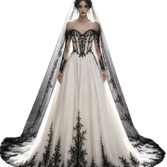 Robe de mariée gothique noire en dentelle blanche