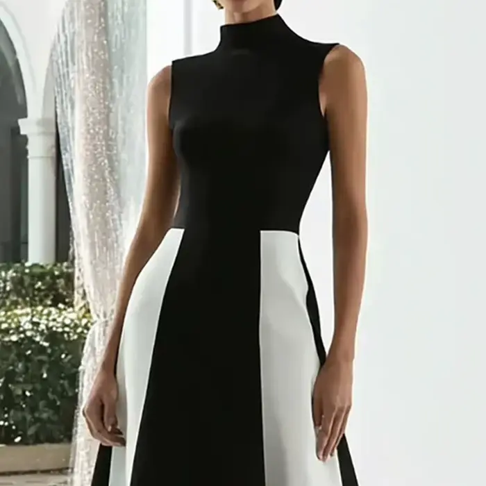 Robe de soirée élégante noire avec col haut blanc sans manches pour femmes occasions formelles soirée officielle mariage gala de remise de diplômes événements de charité