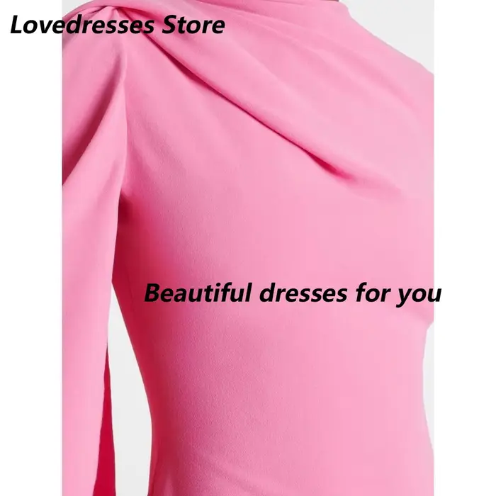 Robe de Soirée Élégante Rose Col Rond Manches Longues Plissée Jersey Cheville Coupe Droite Fente Arrière Occasions Spéciales