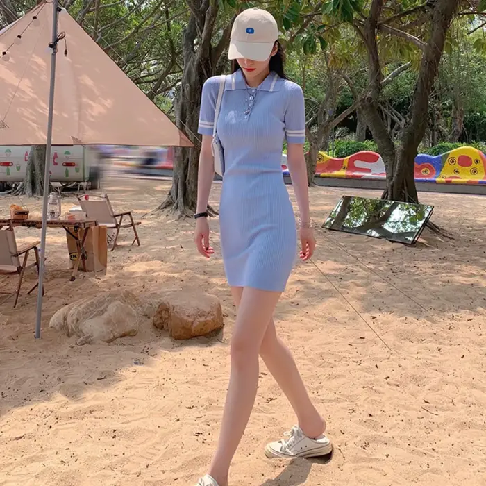 Robes féminines 2025 bleu robe femme vêtements Mini tricoté Kawaii mignon court fée Crochet ample luxe tenues rétro à la mode X