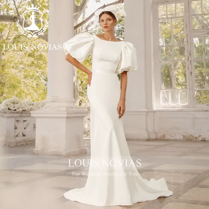 LOUIS NOVIAS sirène Satin robes De mariée Simple romantique SCOOP manches bouffantes détachable Train robe