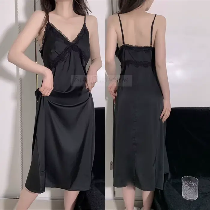 Élégant femme nuisette & Robe ensemble longue peignoir chemise de nuit Sexy dentelle garniture chemise de nuit vêtements de nuit printemps été soie Satin vêtements de maison