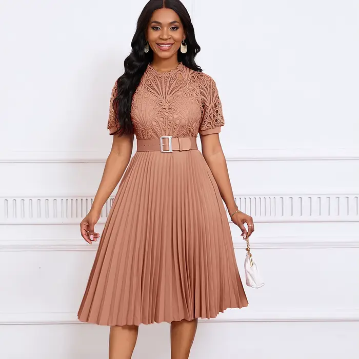 Robe Midi Plissée à Manches Courtes et Col Rond pour Femme, Vêtement Élégant, Modeste, Anti-Irritati