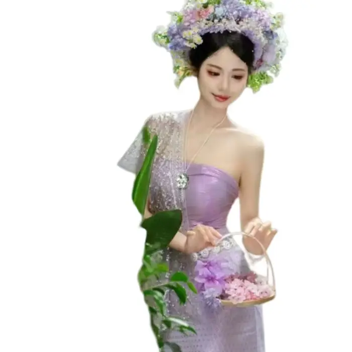 Robe de danse traditionnelle thaïlandaise vintage pour femmes, robe de photographie violette, ensemble de festival sexy pour les vacances