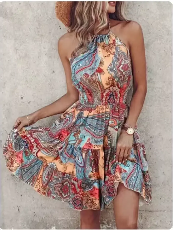 Mini robe imprimée bohème pour femmes, robe à bretelles sexy, robe de plage, vacances, été