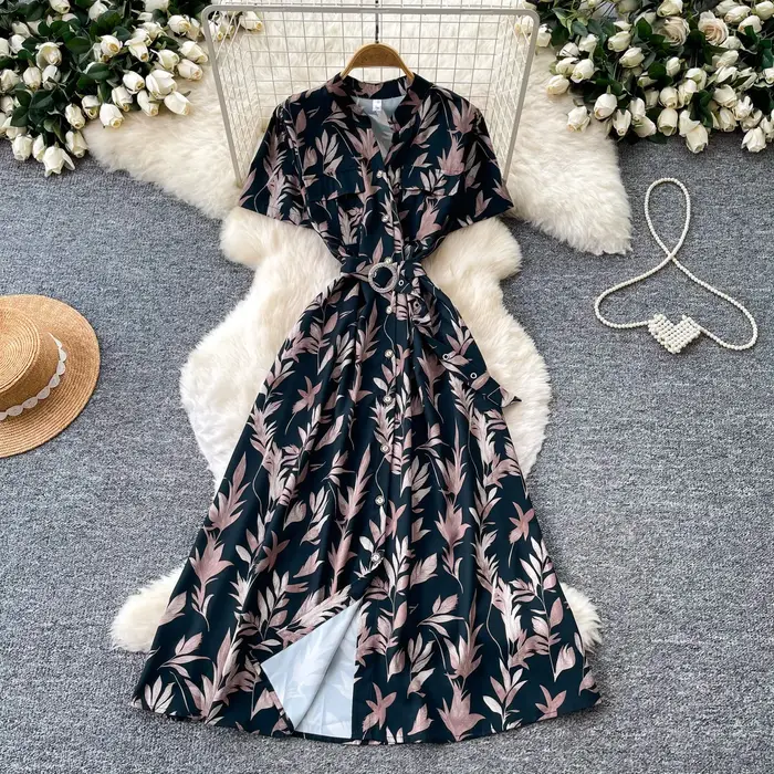 Robe longue à imprimé floral de style vintage pour femmes, col en V, manches courtes, décontractée, chic, pour les sorties en ville, pour les vacances en France