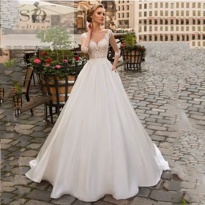 SoDigne-Robe de mariée à manches longues pour femmes, robes de mariée Boho, ligne A, appliques en de