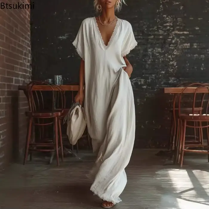 Robe en dentelle ample avec col en V pour femmes, couleur blanche, noire, rouge bordeaux, bleu ciel, jaune, pour l'été, la plage, les fêtes, junior