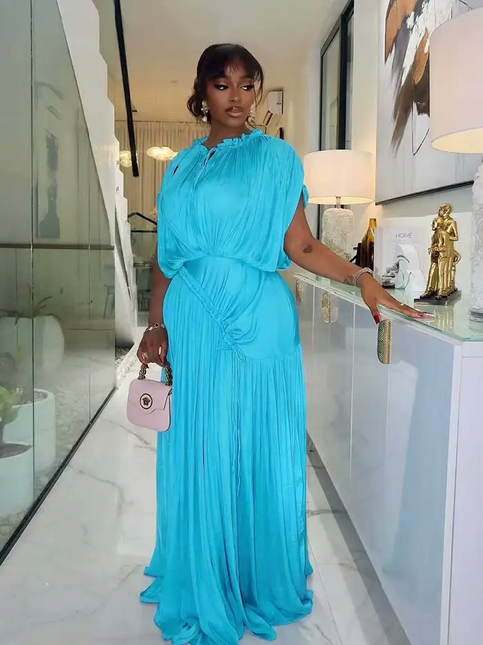 Robe longue d'été pour femme, taille haute, drapée, chic, bleu ciel, robe droite, une pièce, décontractée, élégante, maxi, pour le soir