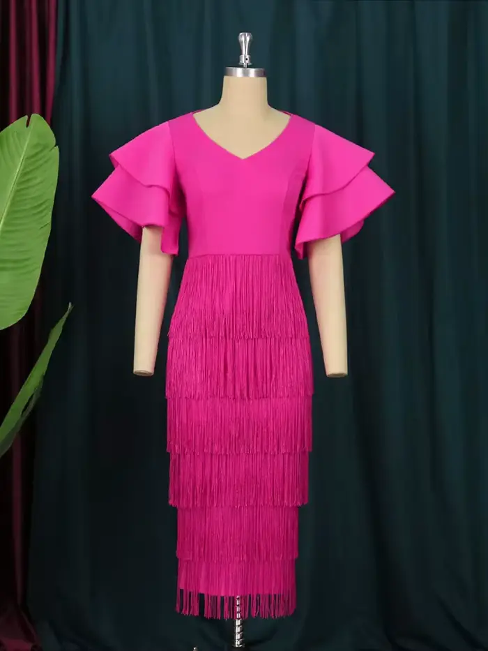 Robe de soirée mi-longue aux franges rose pour femmes, grandes tailles, élégante pour occasions spéciales