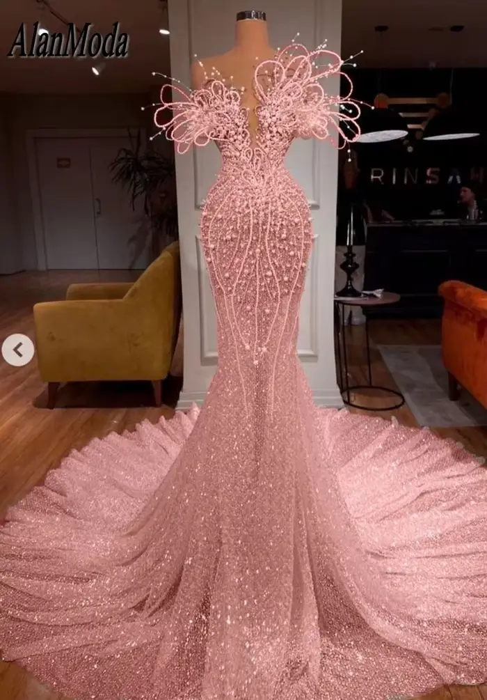 Robe De soirée rose De styliste pour femmes, robes De soirée De mariage, perles brillantes, robes De