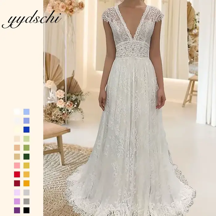 Robe de mariée blanche, col en V profond, traîne balai, en dentelle, sans manches, dos illusion sexy