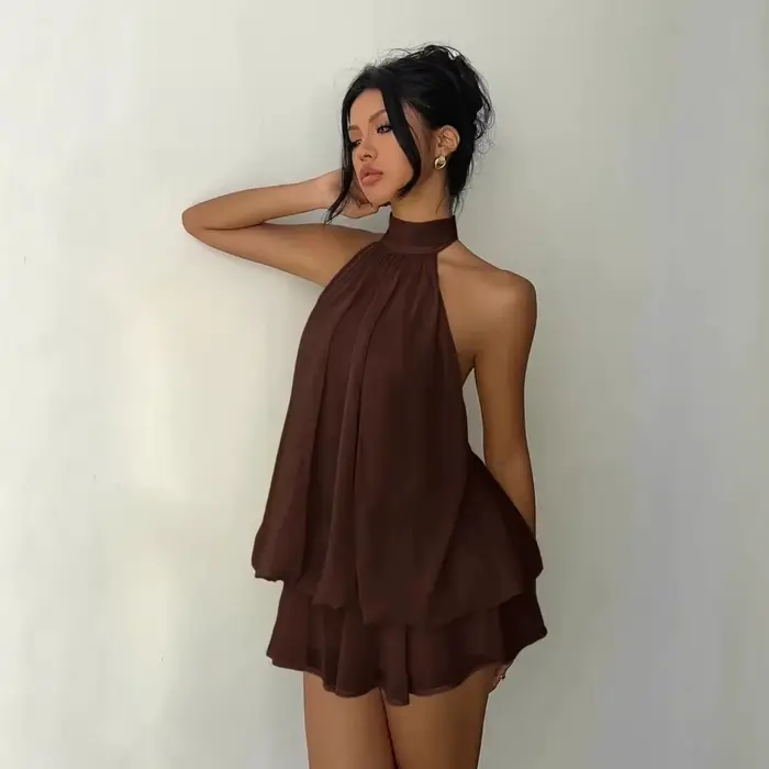 Robe licou pour femme, dos nu, en mousseline transparente, mini-jupe à nouer devant, robe de soirée 