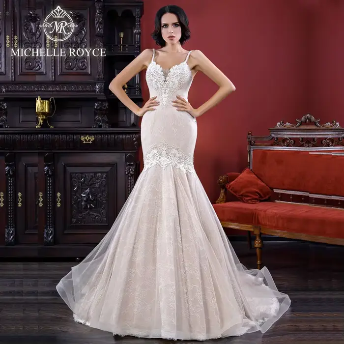 Michelle Royce sirène robes De mariée Sexy chérie bretelles Spaghetti Appliques fermeture éclair Cou