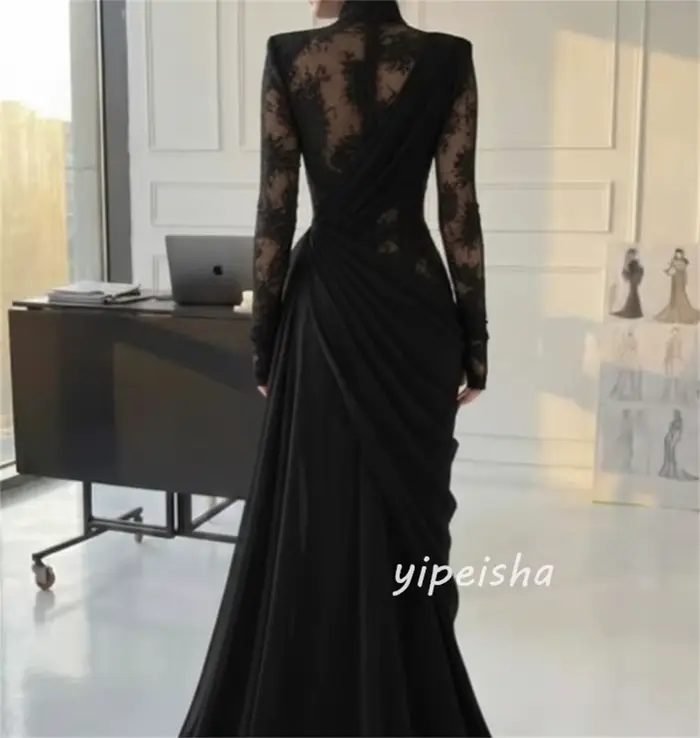 Personnalisé noir modeste Sexy en mousseline de soie plissée drapée dentelle sirène col haut robes longues robes de soirée pour femme Pastrol rétro