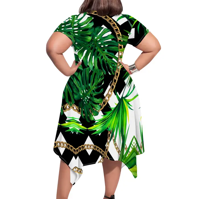Robe mi-longue à imprimé hawaïen tropical – Manches courtes