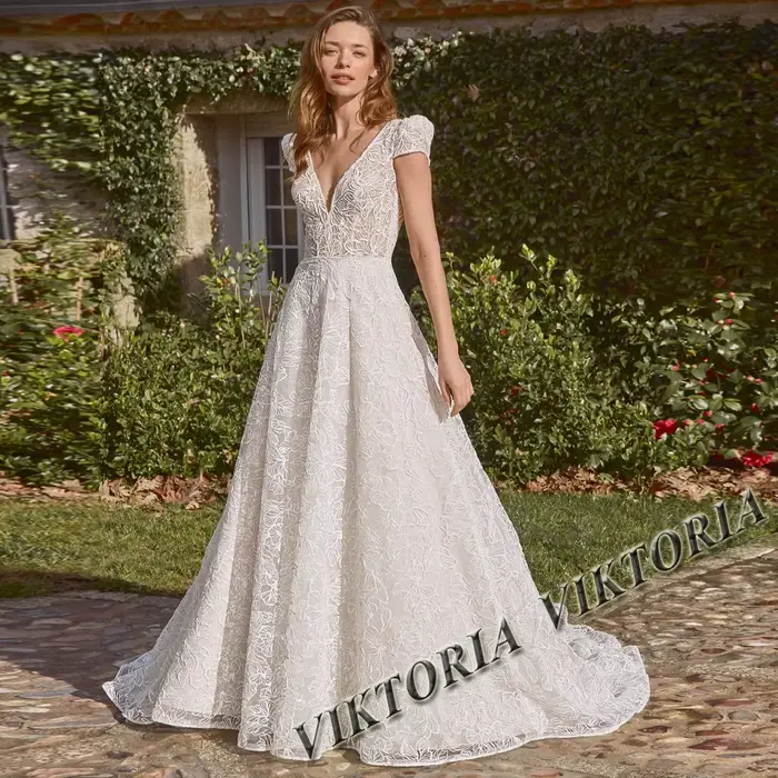 VIKTORIA-Robe de Mariage Exquise à Manches Bouffantes et Col en V pour Femme, Vêtement à Dos auxPers