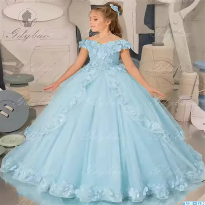 Robe de demoiselle d'honneur en dentelle avec col en V personnalisable pour enfant, princesses, mariages, premières communions, événements spéciaux