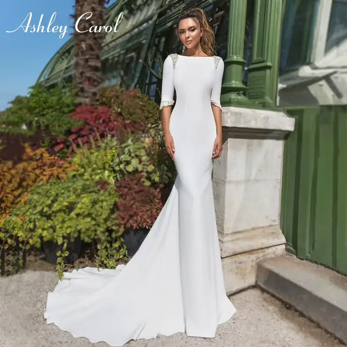 Ashley Carol-Robe de Mariée Sirène en Satin à Manches sulfet Dos aux, Tenue Élégante avec Perles Bri
