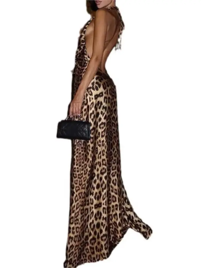 Robe longue à lacets et col en V pour femmes imprimé léopard dos nu décolleté plongeant silhouette slimmé sexy nouvelle collection été polyesters