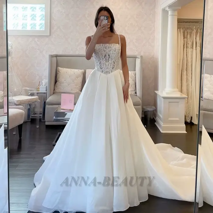 Anna conte De fées Spaghetti sangle robe De mariée pour les femmes Appliques fermeture éclair a-lign
