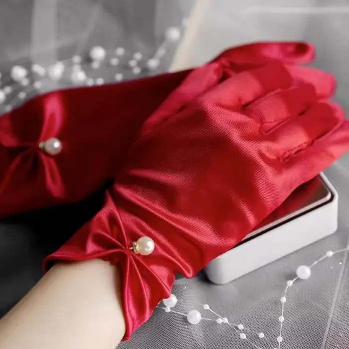 Robe de mariée élégante en Satin, gants courts rouges, rétro, nœud en perles, photographie pour femmes, étiquette de bal, accessoires de Performance