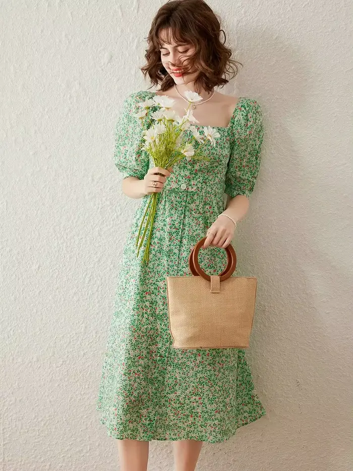Robe en coton et polyester mi-longue avec motifs floraux style rétro chic pour femmes occasions spéciales