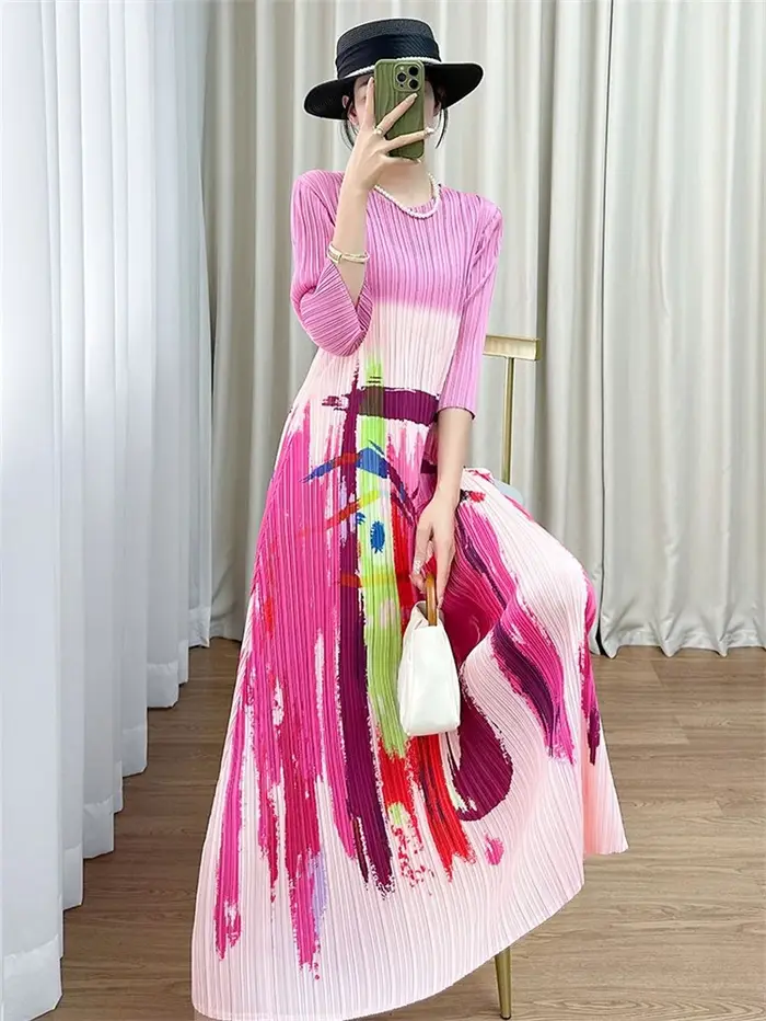 Miyake robe femme robes de soirée été Design sens col rond manches courtes motif imprimé plissé