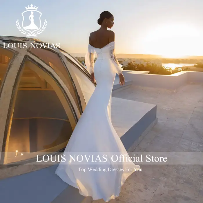 LOUIS NOVIAS sirène Satin robes De mariée pour les femmes manches bouffantes col bateau gaine dos nu robe
