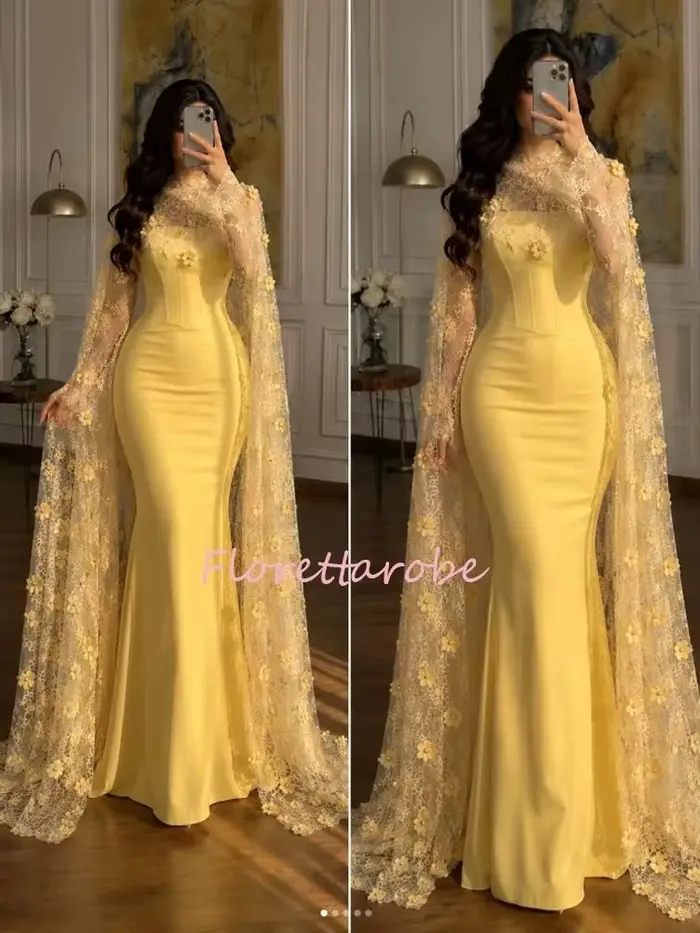 Robe de bal élégante en dentelle jaune avec fleurs 3D