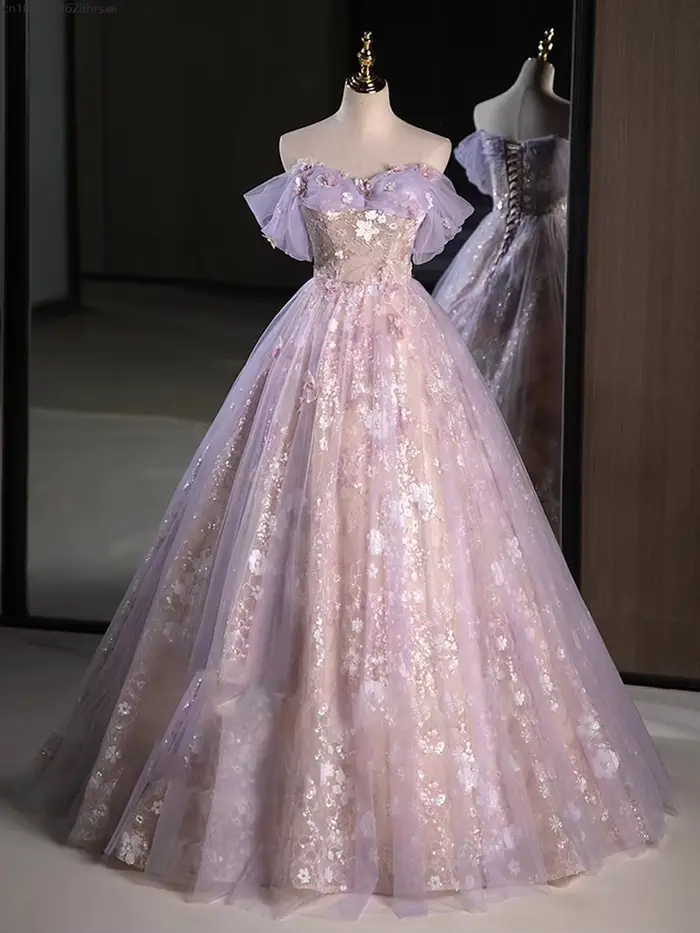Robe de soirée de luxe rose violet pour femmes, douce plissée, épaules dénudées, avec des appliques 