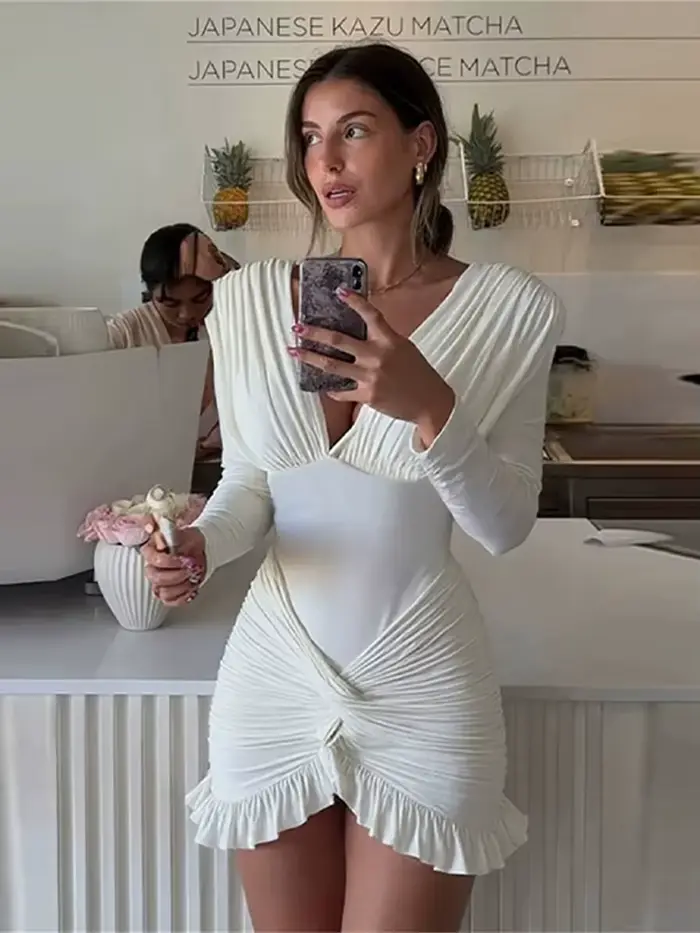Robes de soirée pour femmes, col en v, gaine cintrée, plissée, manches longues, à volants, vêtements