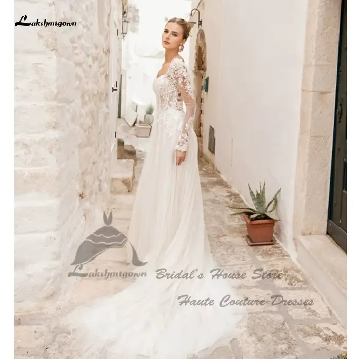 Yanshmigown-Robes de mariée bohème personnalisées, dentelle civile, manches longues, robe de mariée de plage élégante, quel que soit le dos à lacets, 2025