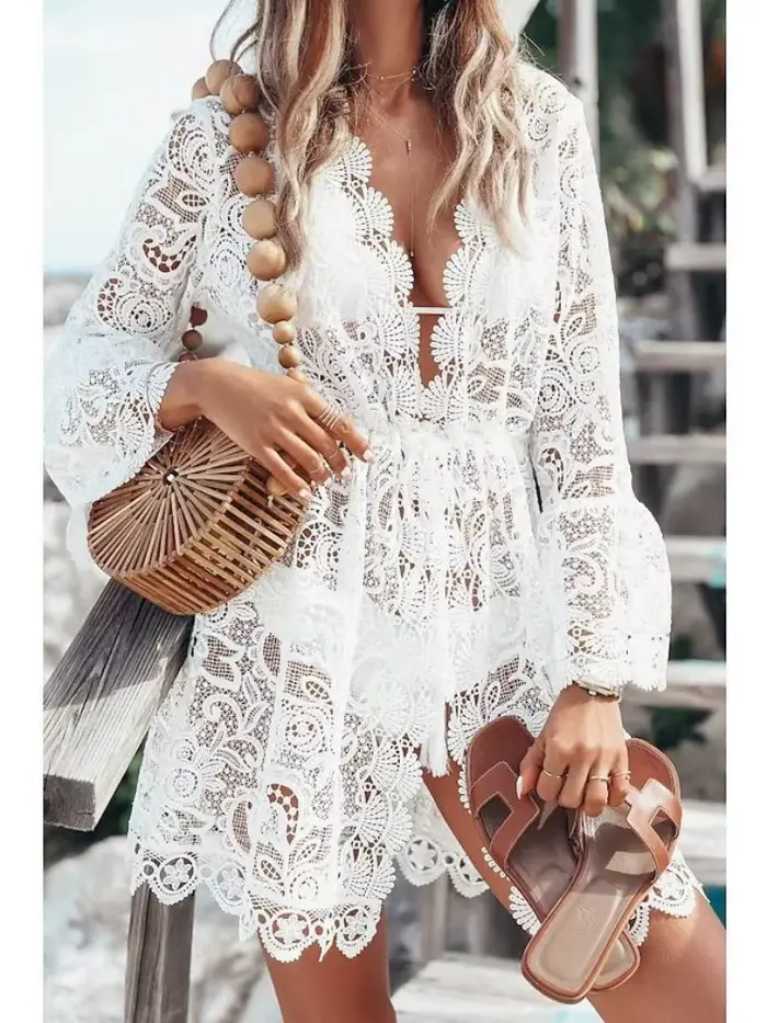 Robe de plage ajourée à manches longues pour femmes élégante et confortable polyester dentelle protection solaire été printemps occassions spéciales vacances fêtes soirée plage