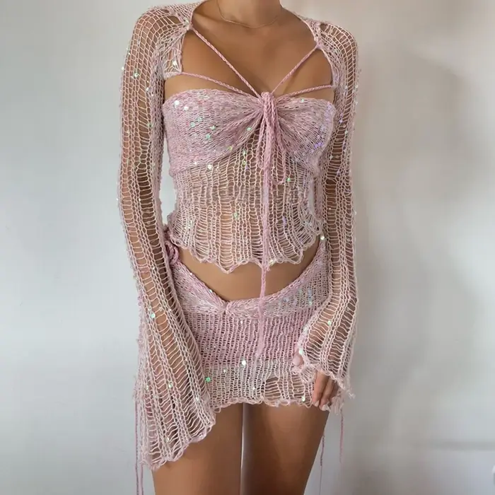 Robe en Tricot à Paillettes et Jupe au Crochet pour Femme