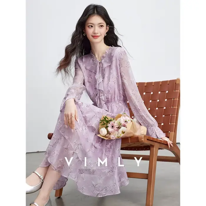 Robe Midi Ample VIMLY pour Femme, Motif Floral Violet, Nouvelle Collection Printemps 2026, Style Vac
