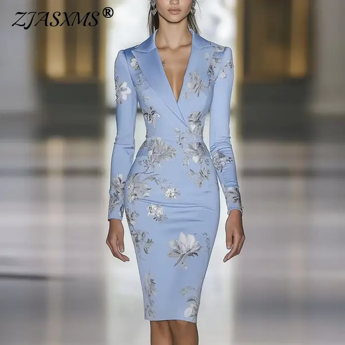 Femme vêtements robes 2025 printemps imprimé fleuri moulante élégante robe de soirée automne à manches longues col