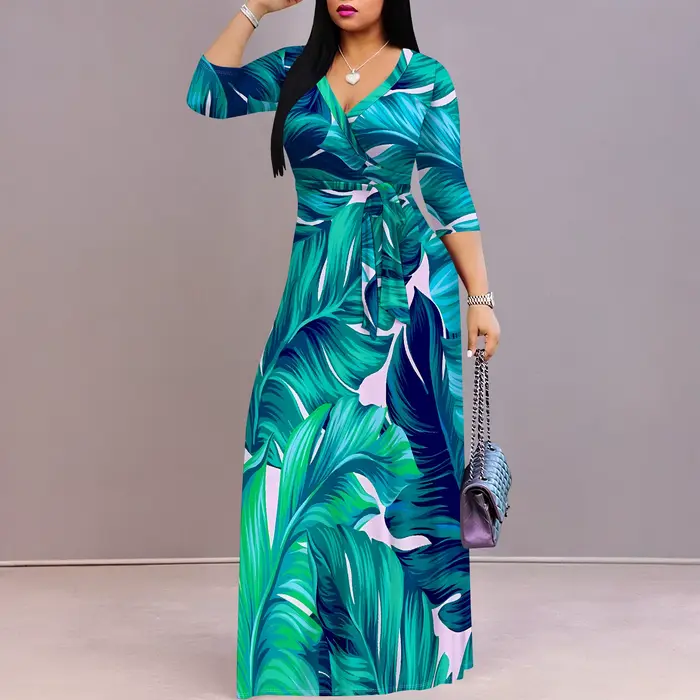 Robe portefeuille à col en V mi-longue florale ajustable pour femmes printemps été vacances occassions spéciales