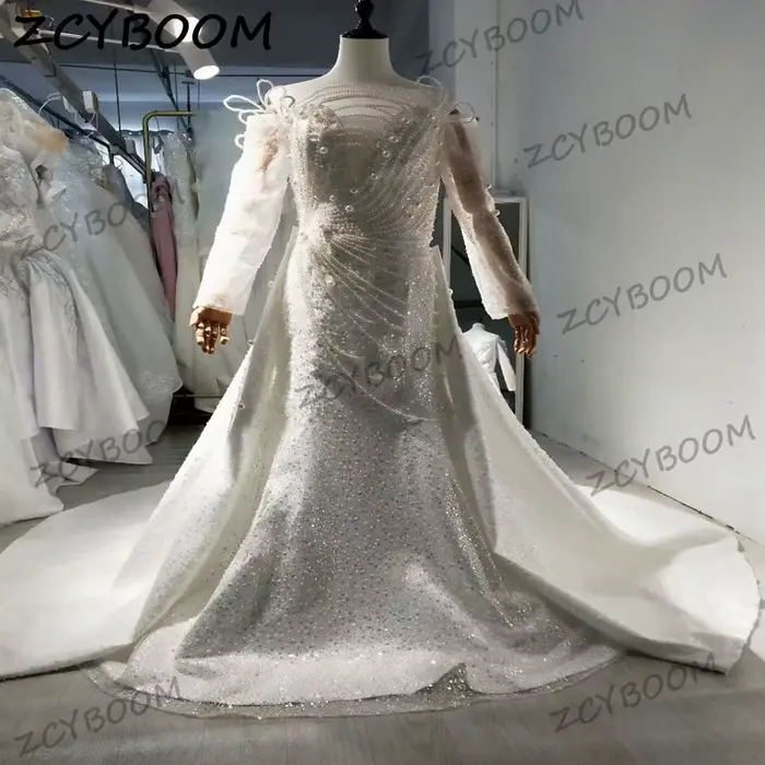 Robes de mariée sirène luxueuses perlées 2026 avec traîne détachable en tulle brodé pour femmes européennes et africaines