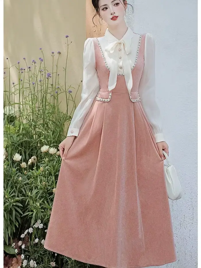Robe en velours rose Style victorien Vintage des années 1960 pour femme, rétro français, col à nœud 