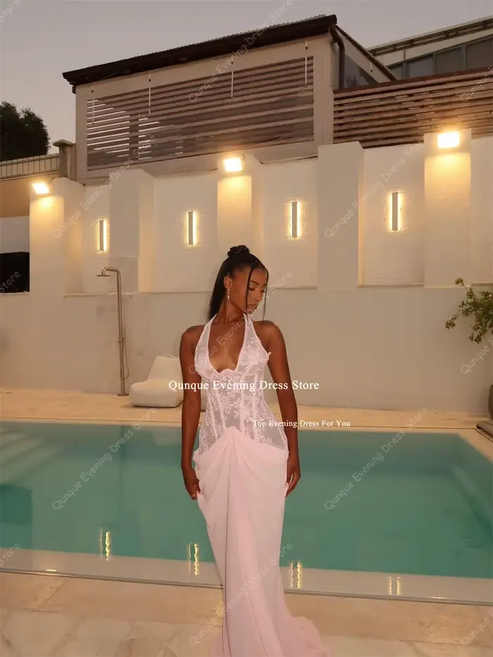 Robe de soirée rose sirène Qunque Beach, col halter, dentelle, Vestidos Verano Mujer, en mousseline, pour invitées de mariage, personnalisable